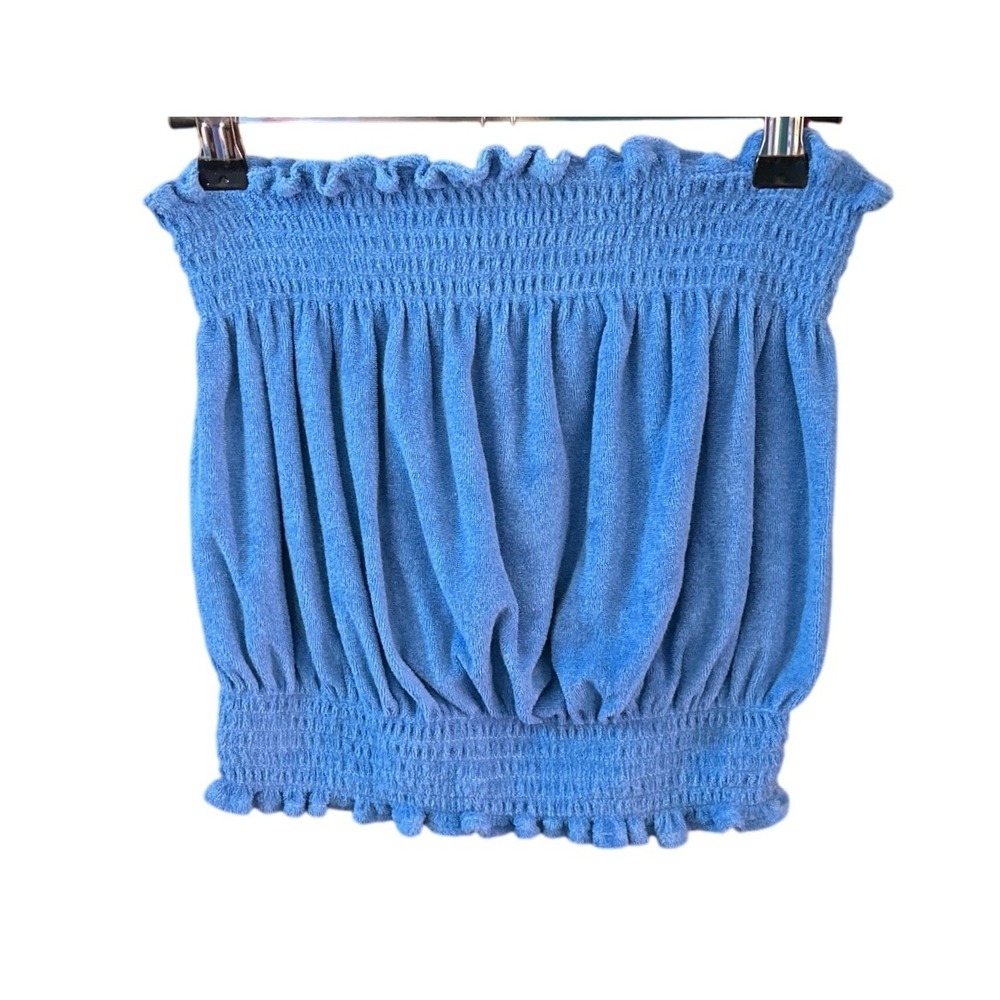 Vintage CW Classics Terry Cloth Tube Top Y2K Beach Retro Smocked Strapless Blue